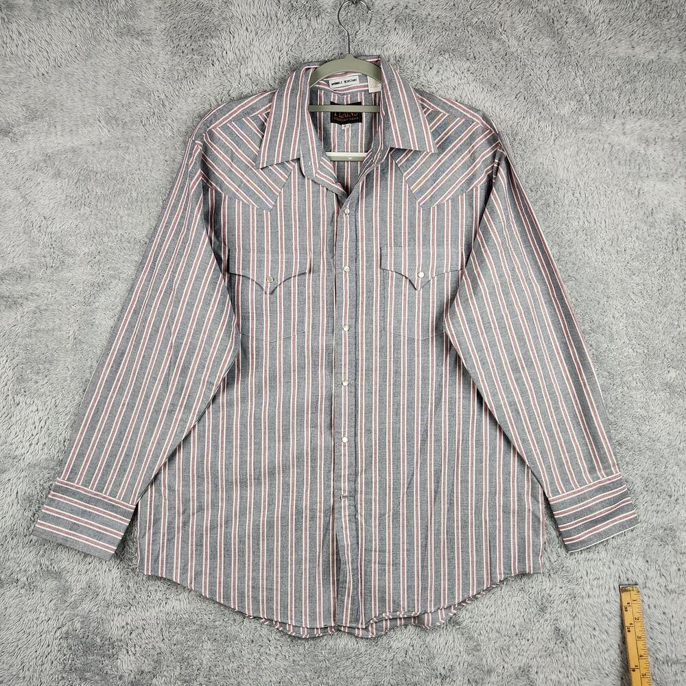 Plains Western Wear Shirt Mens Large Gray Stripe Western Snap Wrinkle Resistant